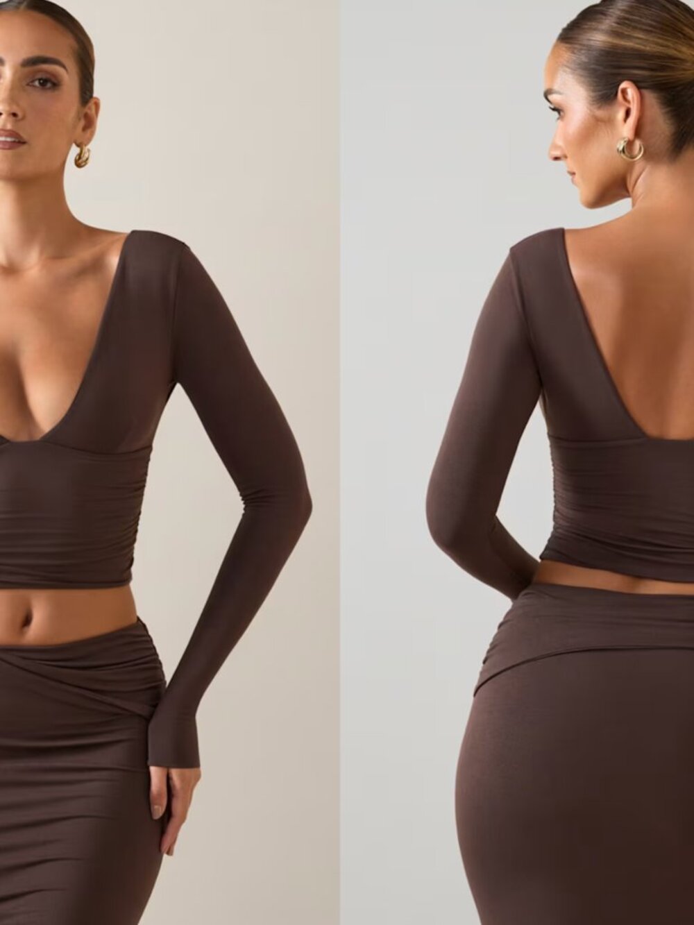 Oh Polly Harri Modal Plunge Long-Sleeve Top in Chocolate Brown